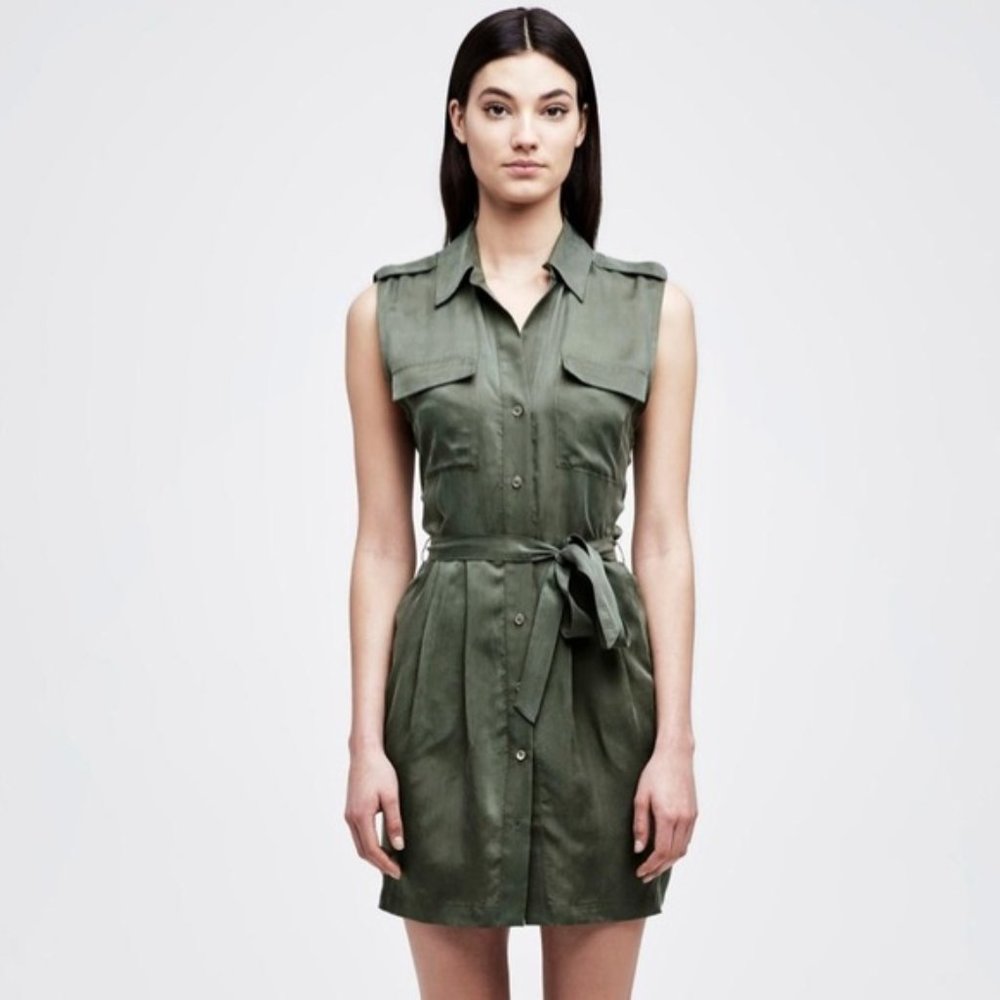 L’agence Evelyn Silky Olive Green Military Dress Short Sleeve XS